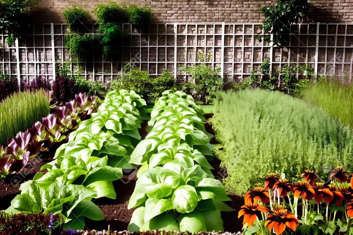 Gemüsegarten im Spätsommer. Kräuter, Blumen und Gemüse im Hinterhof formale Gärten. Okologisches Garten