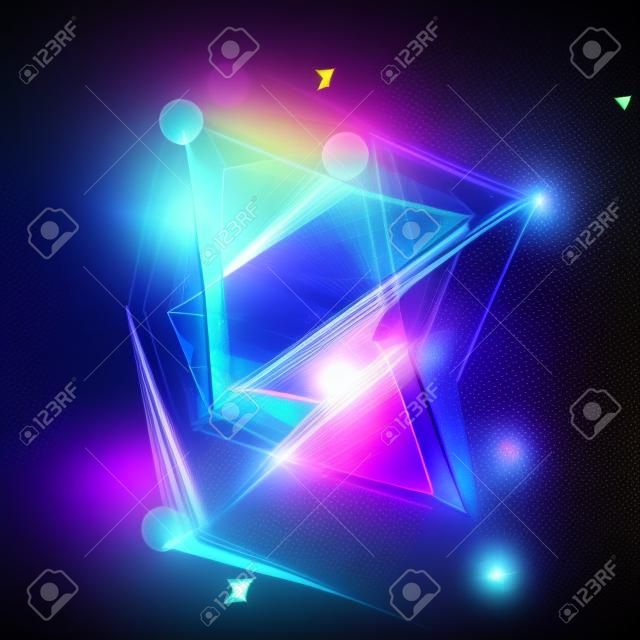 3d abstract background with geometric. Concept new technology and dynamic motion. Digital data visualization. 
Diamond prism. Polygonal crystals. Bright figure in starry cosmos. Glowing triangles