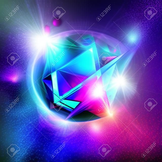 3d abstract background with geometric. Concept new technology and dynamic motion. Digital data visualization. 
Diamond prism. Polygonal crystals. Bright figure in starry cosmos. Glowing triangles