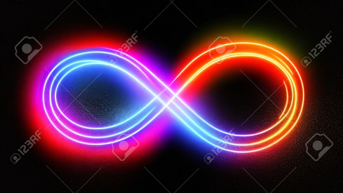 Iluminação 3d símbolo infinito. Belos sinais brilhantes. Anéis cintilantes. cone giratório no fundo preto. Efeito luminoso da trilha. Loop brilhante isolado colorido.