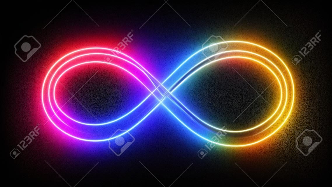 Iluminação 3d símbolo infinito. Belos sinais brilhantes. Anéis cintilantes. cone giratório no fundo preto. Efeito luminoso da trilha. Loop brilhante isolado colorido.