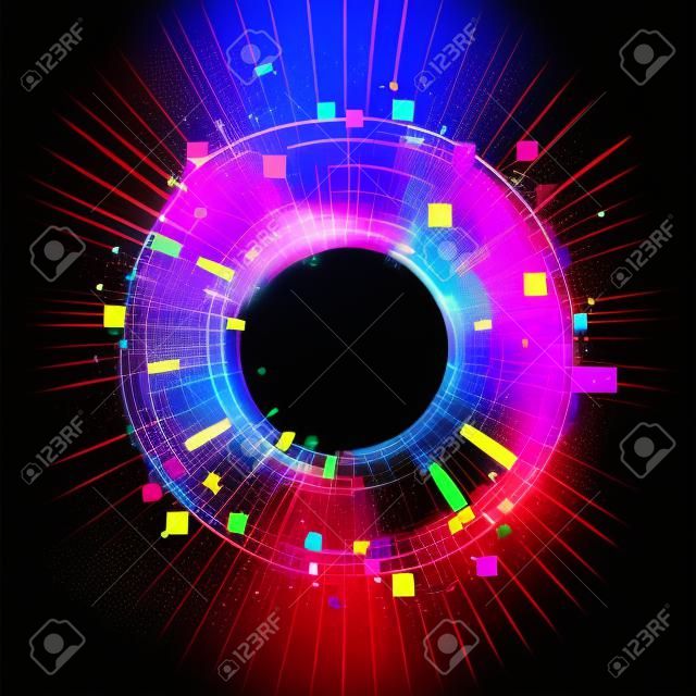 Abstrakter Hintergrund. leuchtendes Wirbeln. Eleganter glühender Kreis. Große Datenwolke. Leichter Ring. Funkenpartikel. Weltraumtunnel. Bunte Ellipse. Glint Kugel. Helle Grenze. Magisches Portal. Energieball.