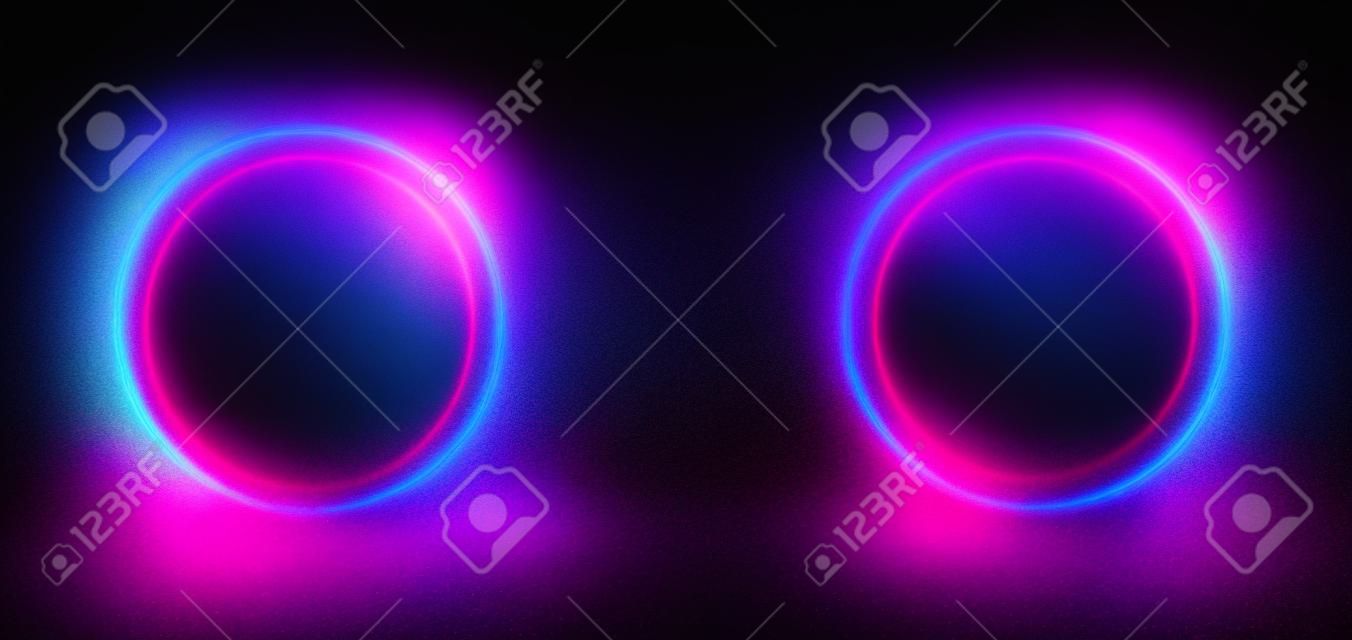 与圆形的蓝色和红色辉光射线夜景灯光效果的领奖台
迪斯科俱乐部舞池舞台魔术幻想未来的传送门梁