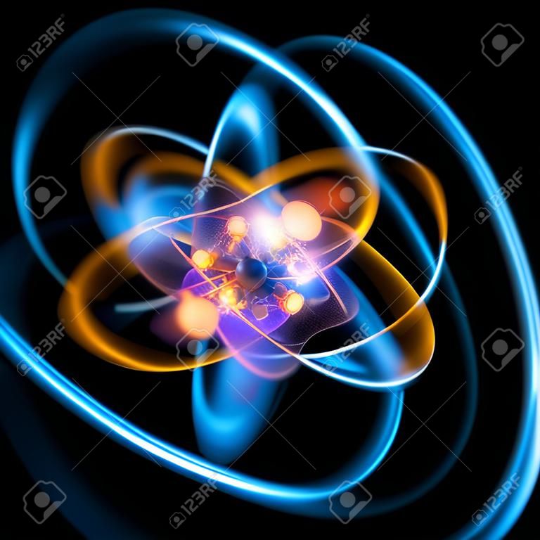 3D-Atom-Symbol. Leuchtendes Kernmodell auf dunklem Hintergrund. Glühende Energiebälle. Molekülstruktur. Spuren von Atomen und Elektronen. Physik-Konzept. Mikroskopische Formen. Kernreaktionselement. Supernova