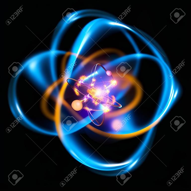 Icône de l'atome 3D. Modèle nucléaire lumineux sur fond sombre. Boules d'énergie luminescentes. Structure de la molécule. Trace les atomes et les électrons. Concept de physique. Formes microscopiques Elément de réaction nucléaire. Supernova