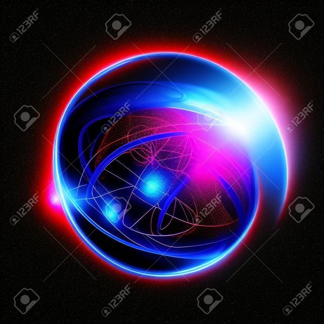 3D Atom icon. Luminous nuclear model on dark background. Glowing energy balls. Molecule structure. Trace atoms and electrons.
Physics concept. Microscopic forms. Nuclear reaction element. Supernova