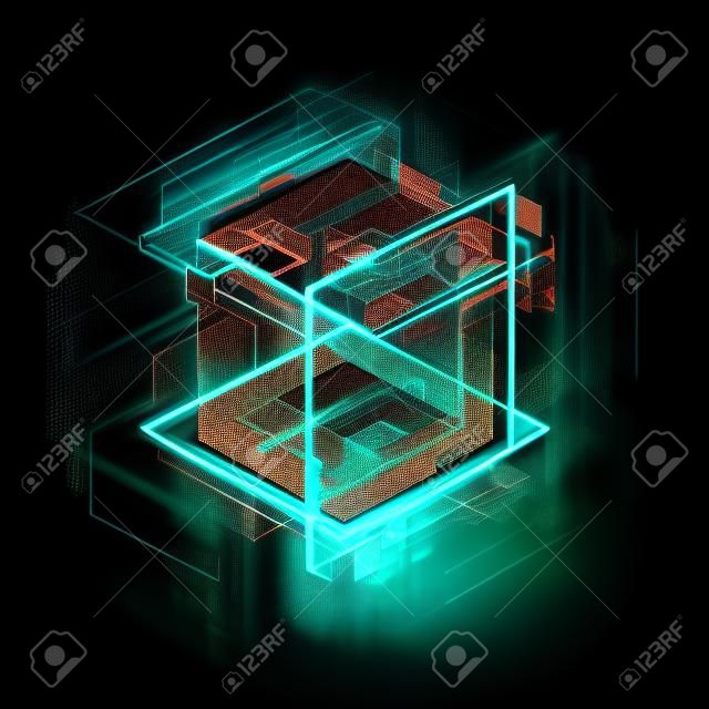 Abstract dark background. Bright box. Shine square. 
Light geometry. Smart code. Energy effect. Big data. 
Digital chip. Glare grid lines. Glow cubes. CPU core. 
Hi Tech. Mobile innovation. SSD Board 
