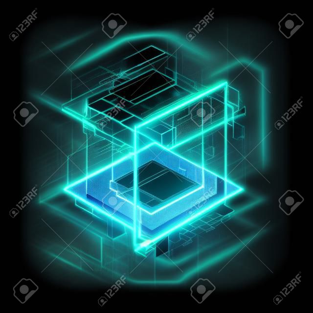 Abstract dark background. Bright box. Shine square. 
Light geometry. Smart code. Energy effect. Big data. 
Digital chip. Glare grid lines. Glow cubes. CPU core. 
Hi Tech. Mobile innovation. SSD Board 