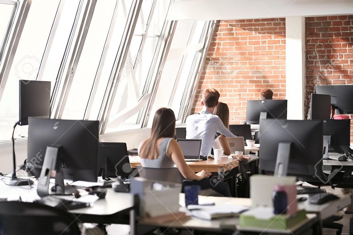 Werknemers mannelijke vrouw die in coworking open ruimte met drukke werkdag met behulp van computers zitten aan de balie, achteraanzicht.
