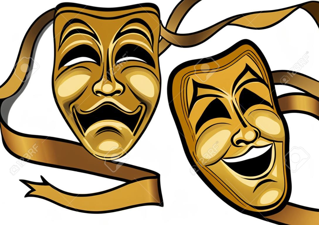 Gold comedy and tragedy theater masks with a gold ribbon.
