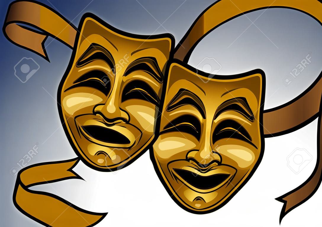 Masques de théâtre de comédie et de tragédie en or avec un ruban d'or.