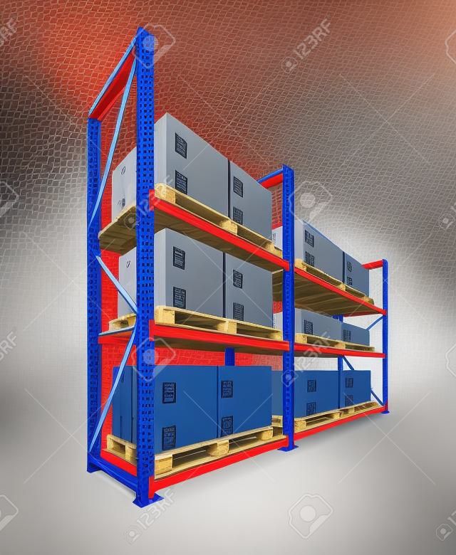 Racks, pallets and boxes in stock are shown in the picture.