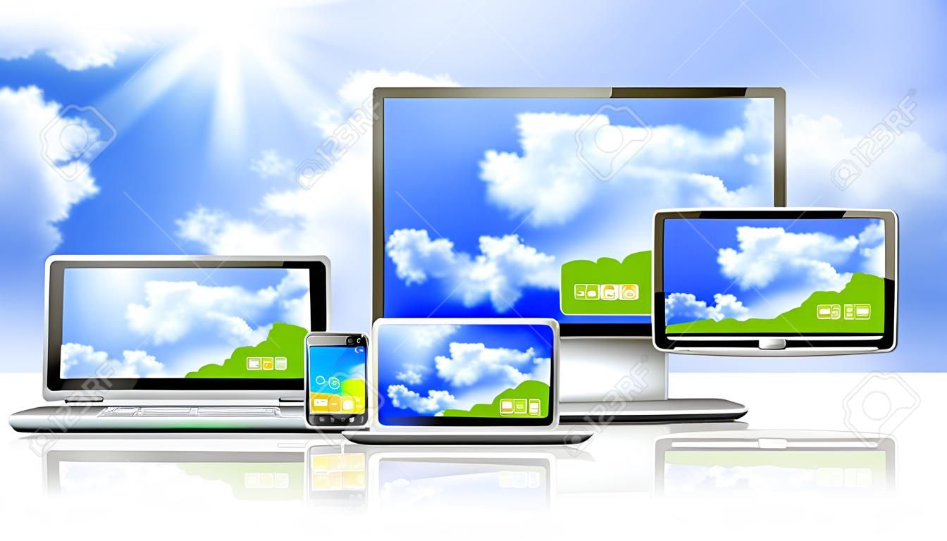 Laptop, Tablet-PC, Handy, TV und Navigator mit Wolken auf Desktops sind in der Abbildung dargestellt