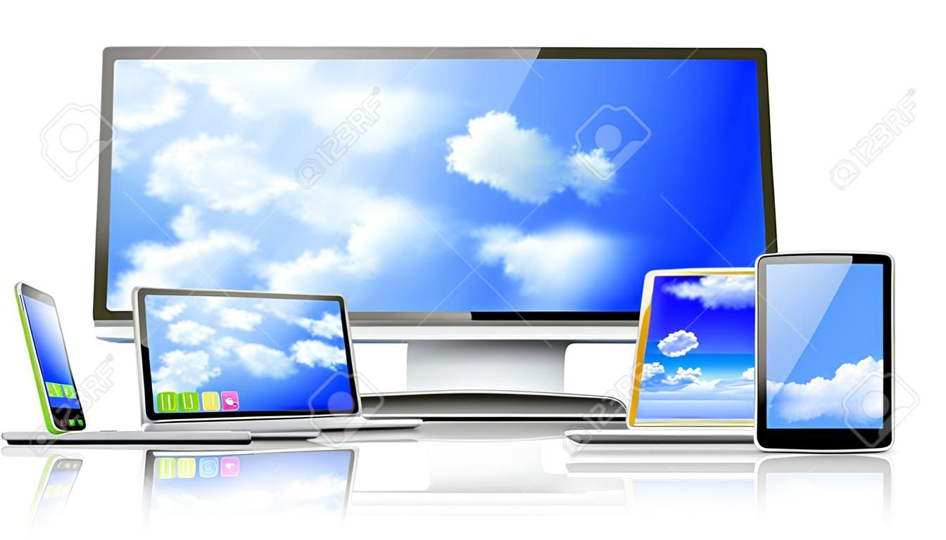 Laptop, Tablet-PC, Handy, TV und Navigator mit Wolken auf Desktops sind in der Abbildung dargestellt