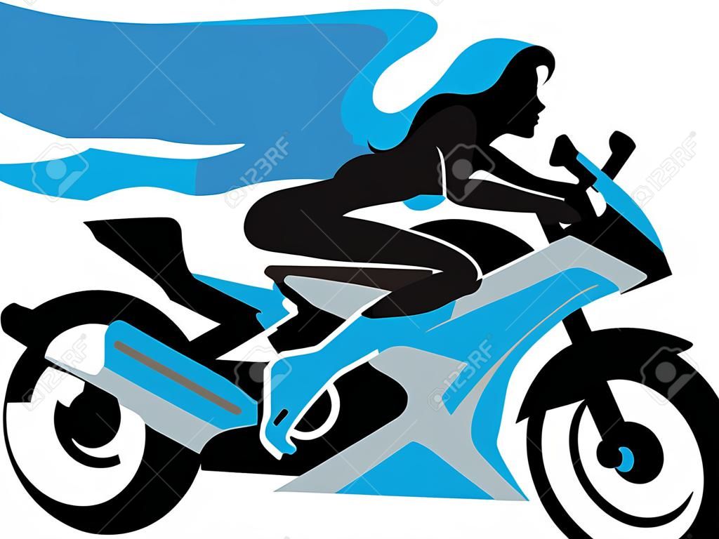 Illustration of beautiful angel woman on motorcycle. Biker culture
