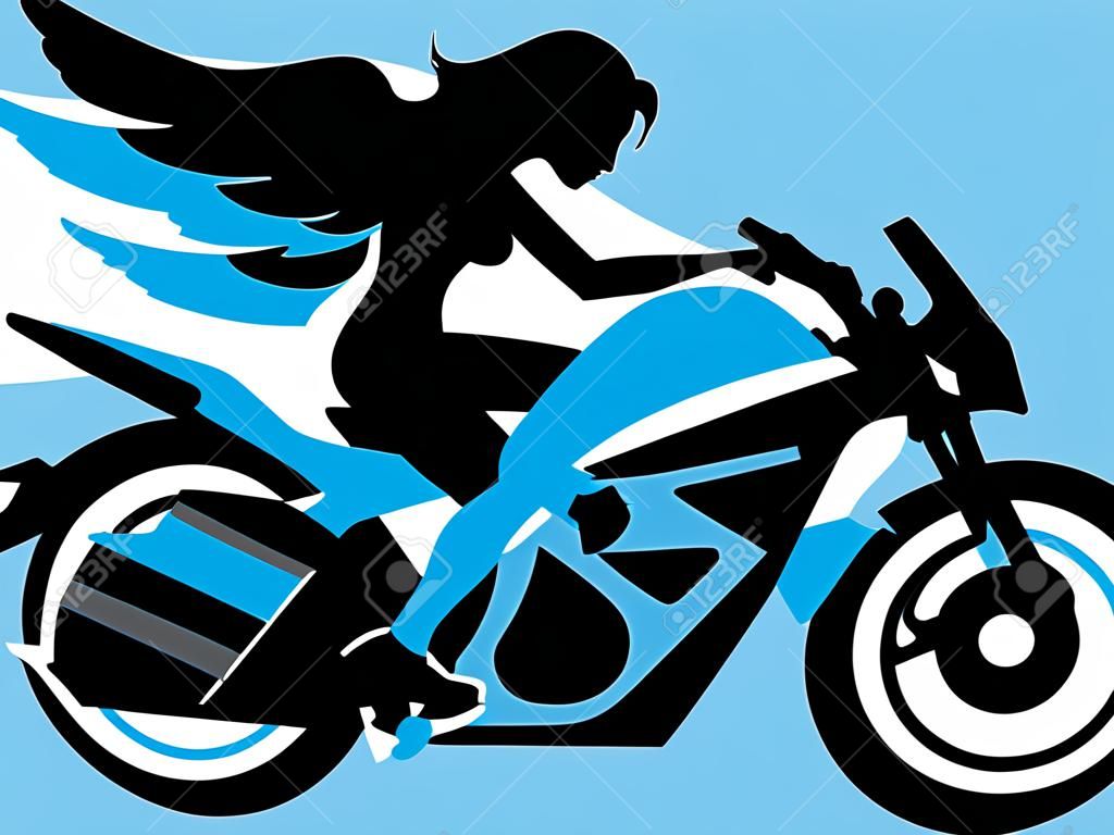 Illustration of beautiful angel woman on motorcycle. Biker culture