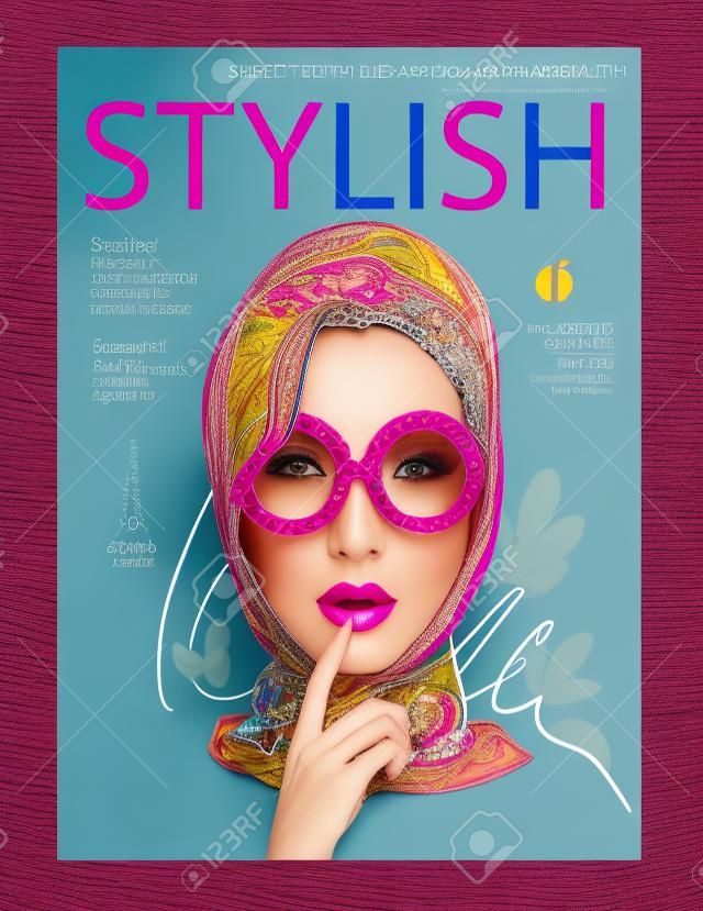 Cabeza de una dulce dama con ricos anteojos en la portada de la revista moda chal brillante