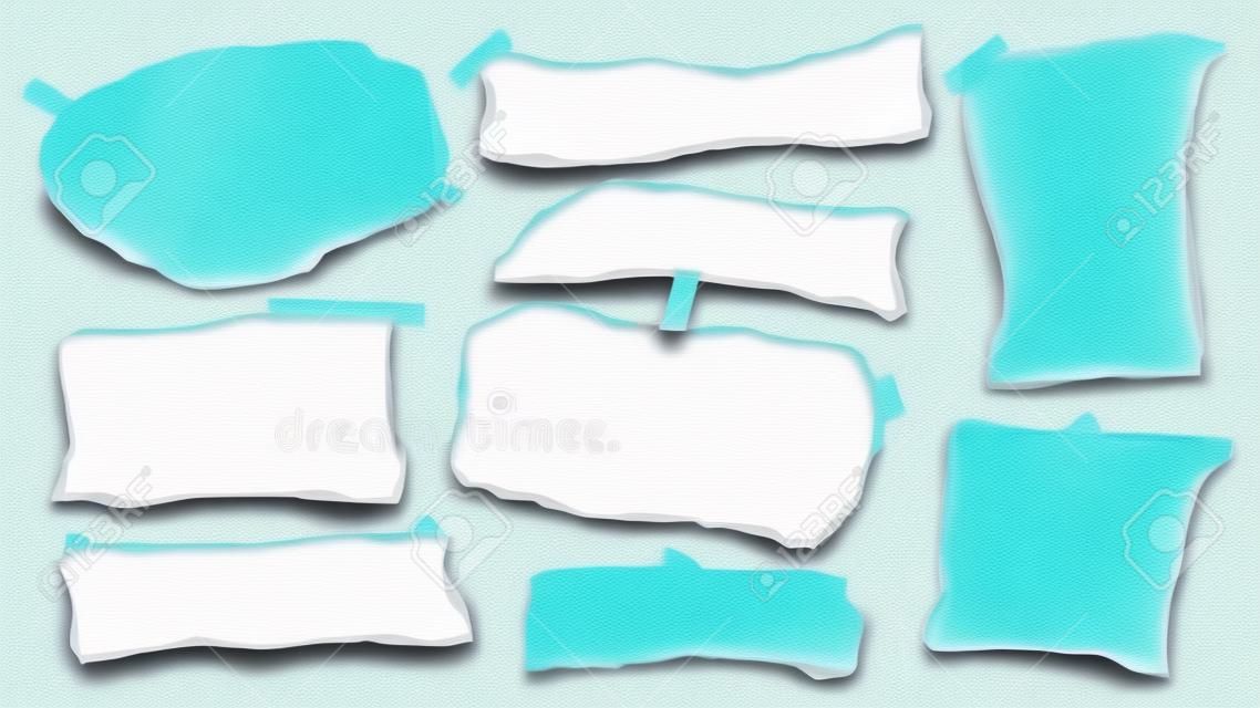 Torn white and colorful note, notebook paper strips, pieces stuck with sticky tape on blue background. Vector illustration.