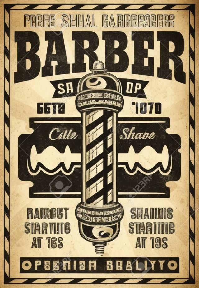 Barber shop vintage poster with pole and blade illustration