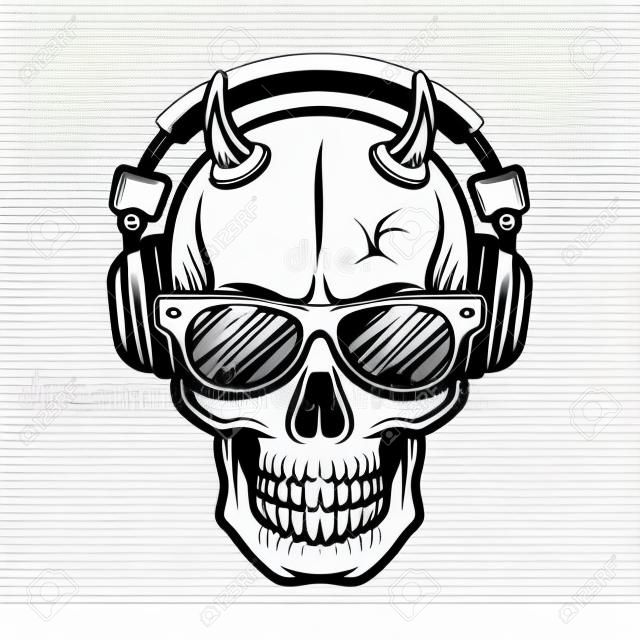 Голова черепа дьявола с рогами носить солнцезащитные очки и слушать музыку в наушниках. Векторные иллюстрации в монохромном винтажном стиле, изолированные на белом фоне