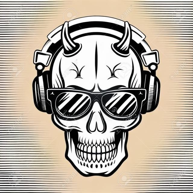 Голова черепа дьявола с рогами носить солнцезащитные очки и слушать музыку в наушниках. Векторные иллюстрации в монохромном винтажном стиле, изолированные на белом фоне