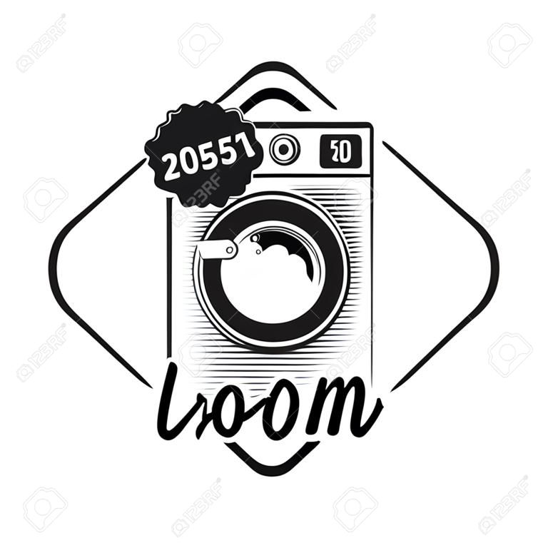 Emblema, etiqueta, distintivo ou logotipo do vetor da sala de lavandaria com máquina de lavar roupa no estilo monocromático vintage isolado no fundo branco