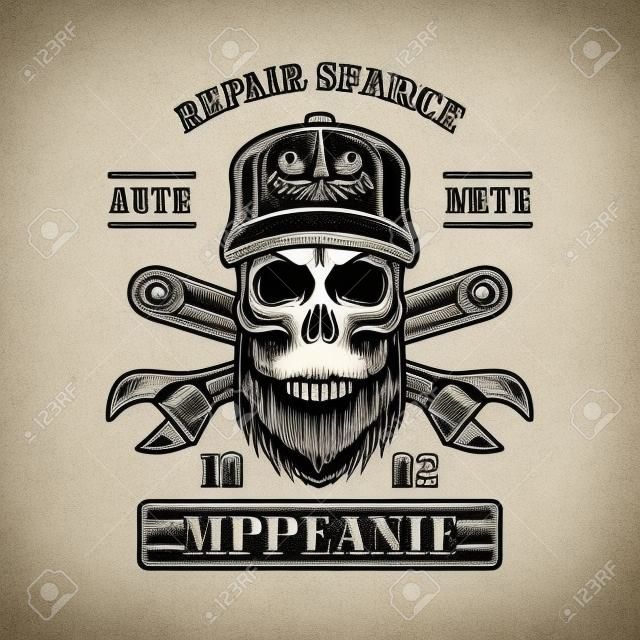 Repair service vector emblem, label, badge or logo with mechanic skull in monochrome vintage style isolated on white background