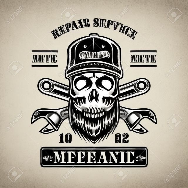 Repair service vector emblem, label, badge or logo with mechanic skull in monochrome vintage style isolated on white background