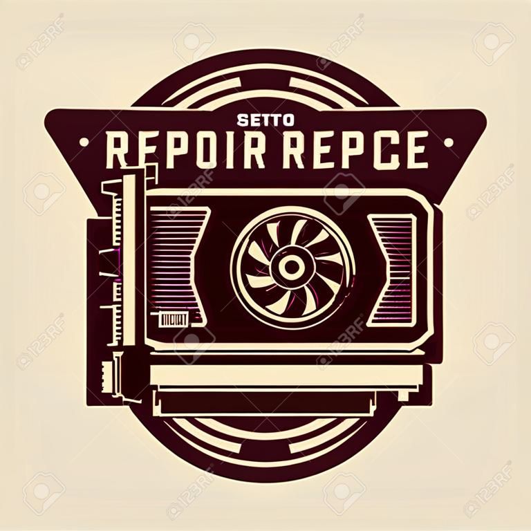 Computer repair service vector emblem, label, badge or logo with video card isolated colored illustration