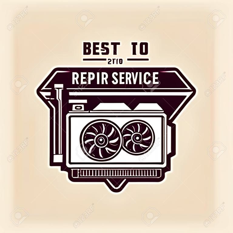 Computer-Reparatur-Service-Vektor-Emblem, Etikett, Abzeichen oder Logo mit Grafikkarte isolierte farbige Illustration