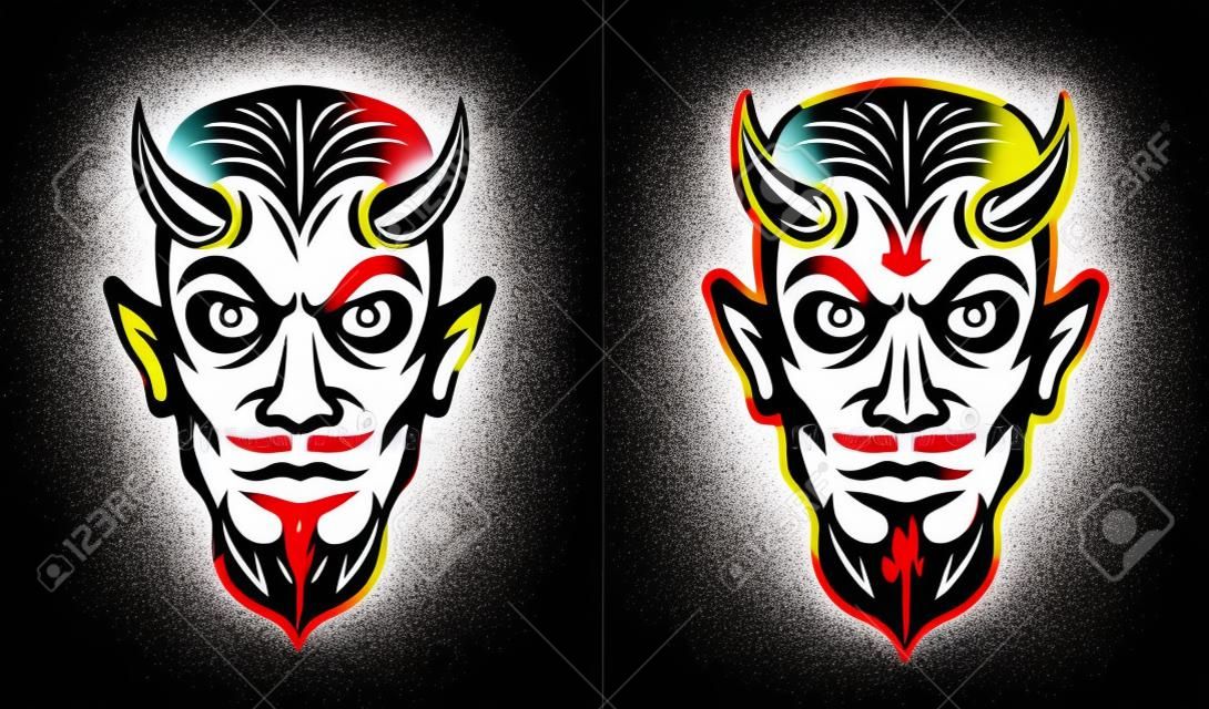 Devil head in two styles black on white and colorful on dark background vector illustration