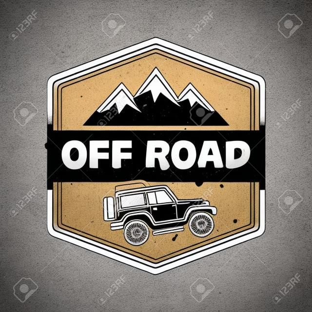 Off-road extreme club vector monochrome vintage emblem with car and mountains isolated on white background