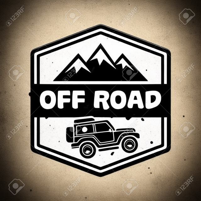 Off-road extreme club vector monochrome vintage emblem with car and mountains isolated on white background