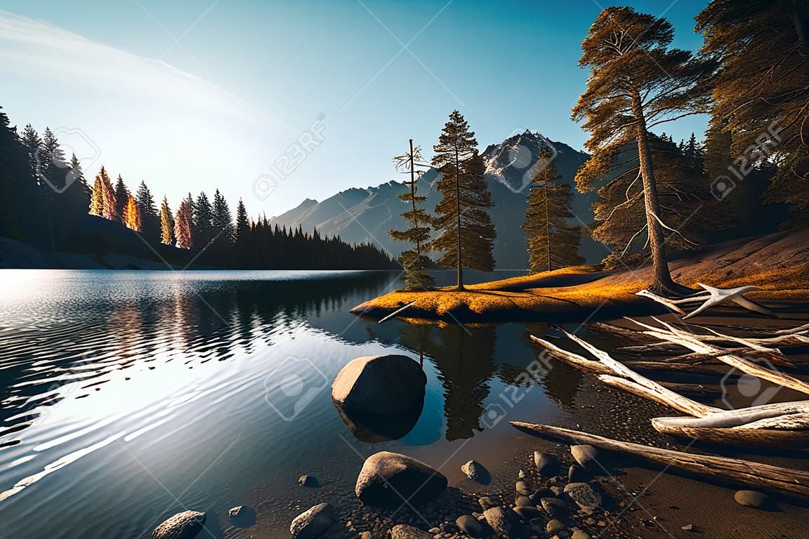 beautiful relaxing peaceful landscape, mountain, lake, beach