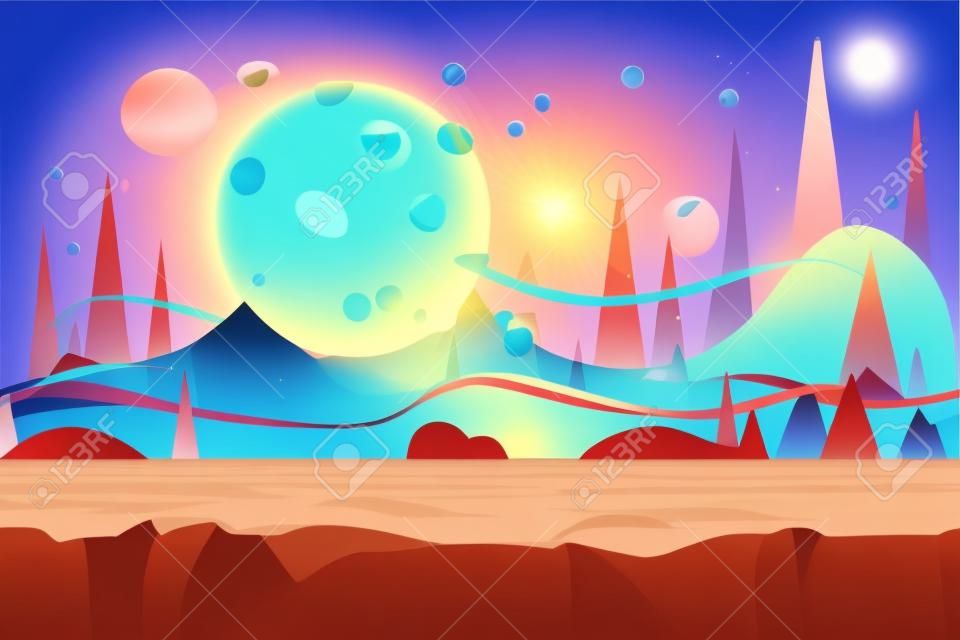 Seamless cartoon alien desert landscape. Vector unending background with ground, rocks, sand-dunes, planet and sky layers.