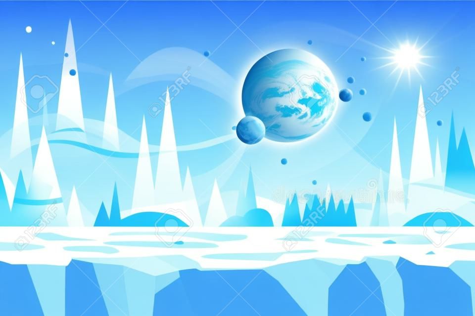 Paysage de vecteur de dessin animé sans soudure pour le jeu. Illustration de concept de désert de glace avec planète. Illustration vectorielle pour votre conception. Prêt pour l'effet de parallaxe.