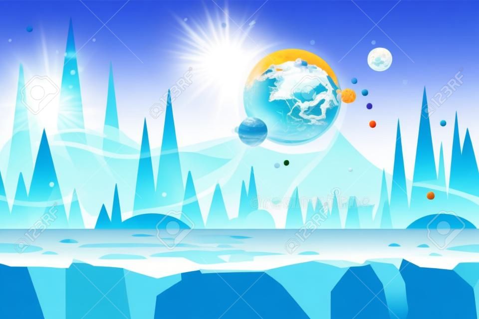 게임에 대 한 완벽 한 만화 벡터 풍경입니다. 얼음 사막 개념 그림 행성입니다. 벡터 일러스트 레이 션 디자인을위한. 시차 효과에 대 한 준비입니다.