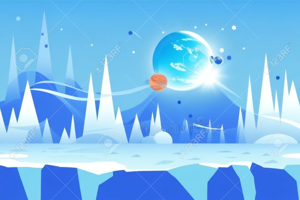 게임에 대 한 완벽 한 만화 벡터 풍경입니다. 얼음 사막 개념 그림 행성입니다. 벡터 일러스트 레이 션 디자인을위한. 시차 효과에 대 한 준비입니다.