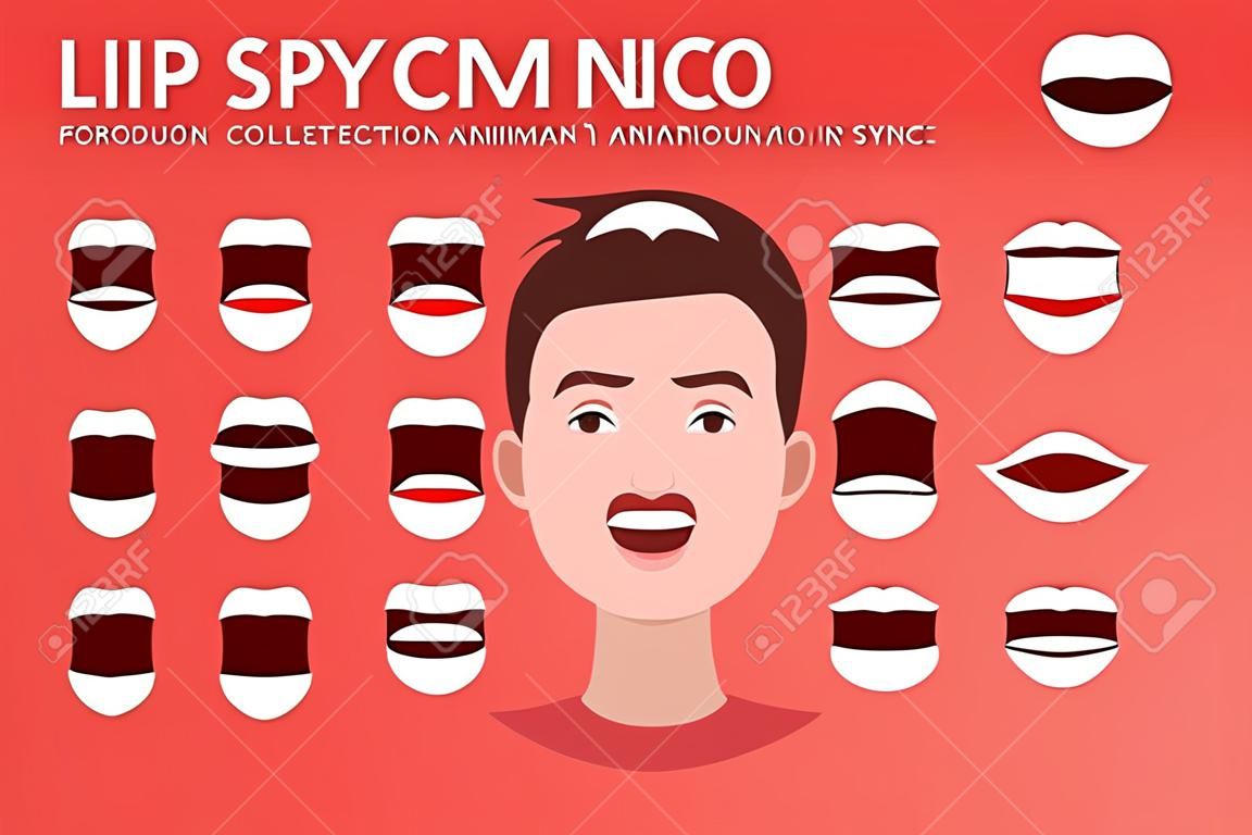 Lip sync collection for animation. Cartoon character mouth and lips sync for sound pronunciation. Learning English alpabet vector illustration.