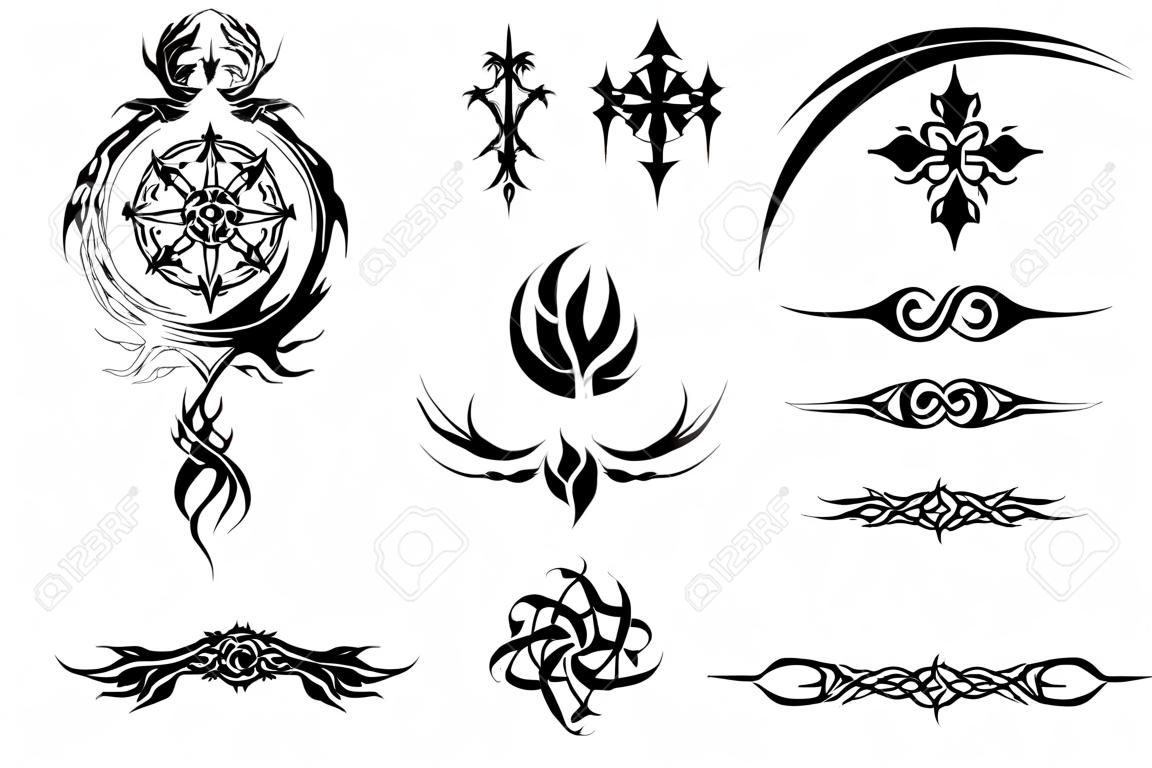 Various tattoo design elements isolated on white background