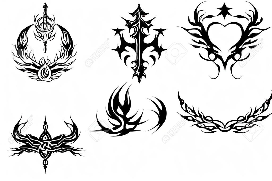 Various tattoo design elements isolated on white background