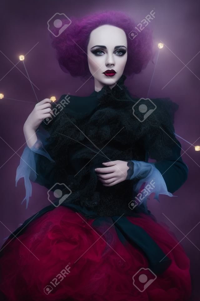 Retrato de uma bruxa encantadora, bonita e glamourosa