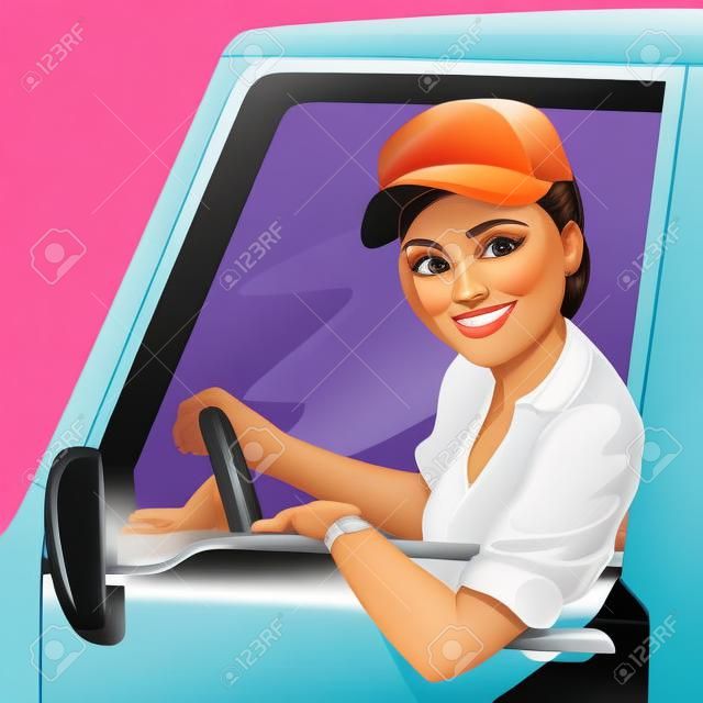 트럭에 웃는 여성 드라이버입니다. 배달 서비스