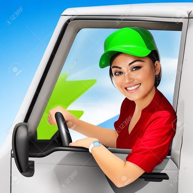 Motorista feminino de caminhão sorridente no carro. Serviço de carga de entrega