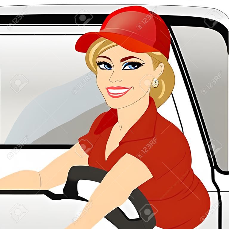 Programa piloto femenino sonriente camión en el coche. servicio de carga de entrega