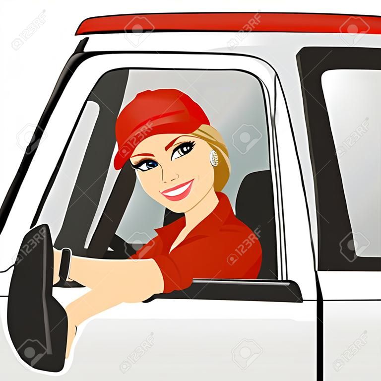 Uśmiechnięta kobieta kierowca ciężarówki w samochodzie. Dostarczanie usług cargo