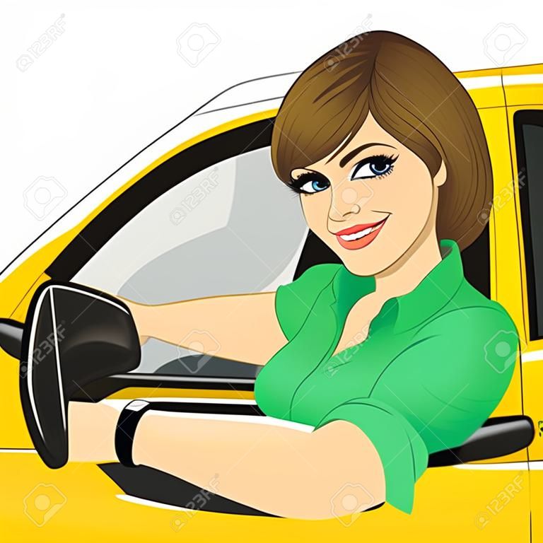 Portrait of happy caucasian taxi female driver in yellow car smiling