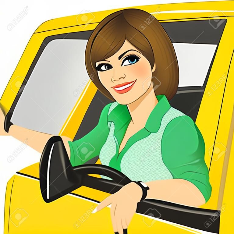 Portrait of happy caucasian taxi female driver in yellow car smiling