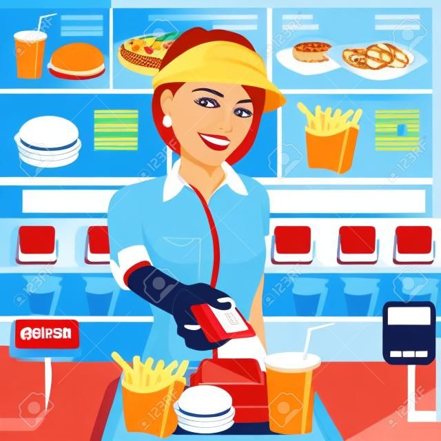 illustration of female fast food restaurant employee returning a credit card