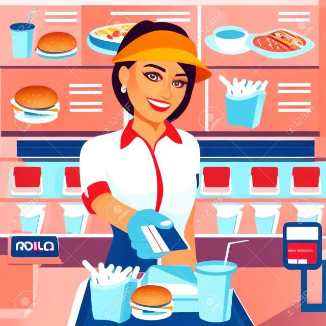 illustration of female fast food restaurant employee returning a credit card